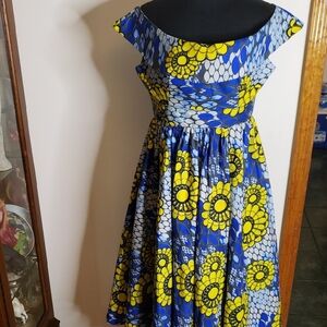 Vibrant Asymmetrical Dress in Blue and Yellow